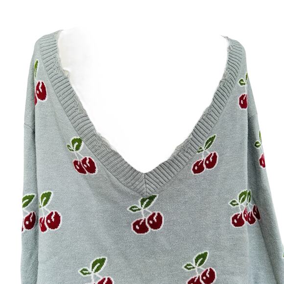 Cherry Sweater Knit Thrashed Womens Medium Grey Red V Back Grunge Cozy Punk - Picture 5 of 11